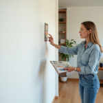 Stagiaire femme examine un mur blanc dans un salon moderne