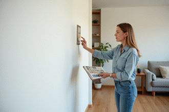 Stagiaire femme examine un mur blanc dans un salon moderne