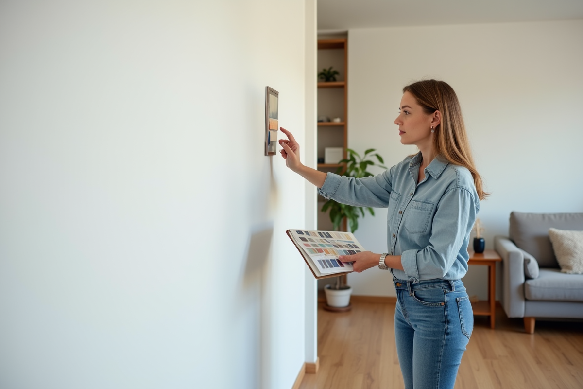 Stagiaire femme examine un mur blanc dans un salon moderne