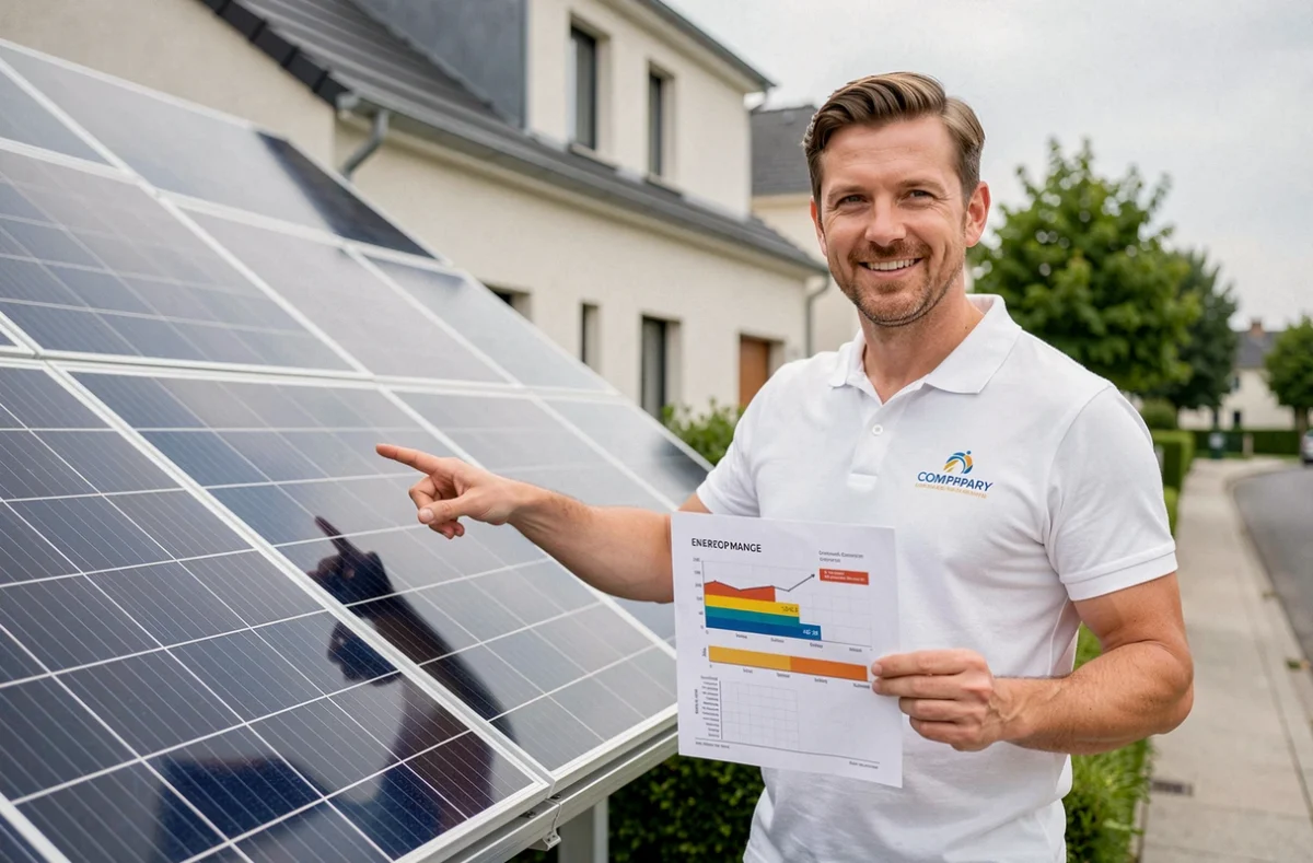 Conseiller de HOME Vert présentant un rapport de performance énergétique devant une installation photovoltaïque résidentielle moderne