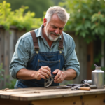 Homme en overalls appliquant de l'huile sur un sécateur