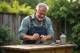 Homme en overalls appliquant de l'huile sur un sécateur