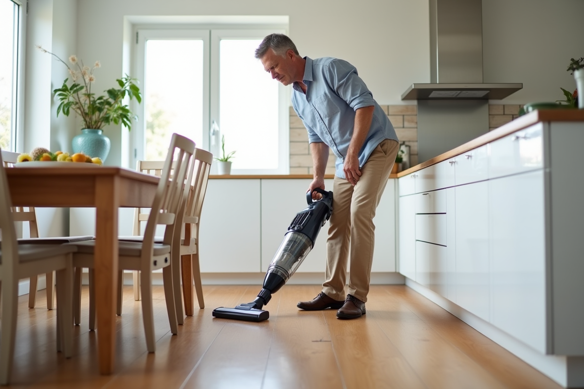 Homme utilisant un aspirateur sans sac dans la cuisine lumineuse