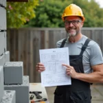 Homme en overalls avec plan de construction et briques de béton