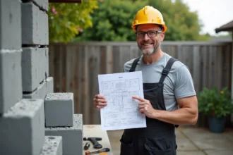 Homme en overalls avec plan de construction et briques de béton