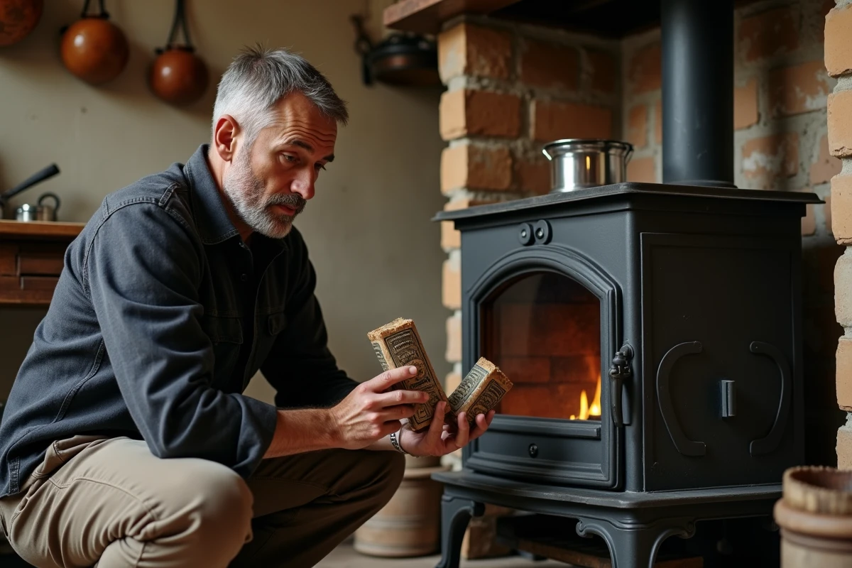 Homme lisant les instructions d'une bûche de ramonage devant un poêle à bois dans une cuisine de campagne