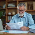 Un homme compare attentivement plusieurs devis de travaux imprimés sur un bureau en bois, illustrant l'analyse des prix dans un devis de rénovation