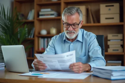 Un homme compare attentivement plusieurs devis de travaux imprimés sur un bureau en bois, illustrant l'analyse des prix dans un devis de rénovation