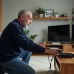 Homme connecté à un décodeur TV dans un salon cosy