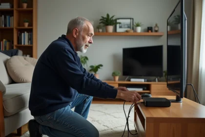 Homme connecté à un décodeur TV dans un salon cosy