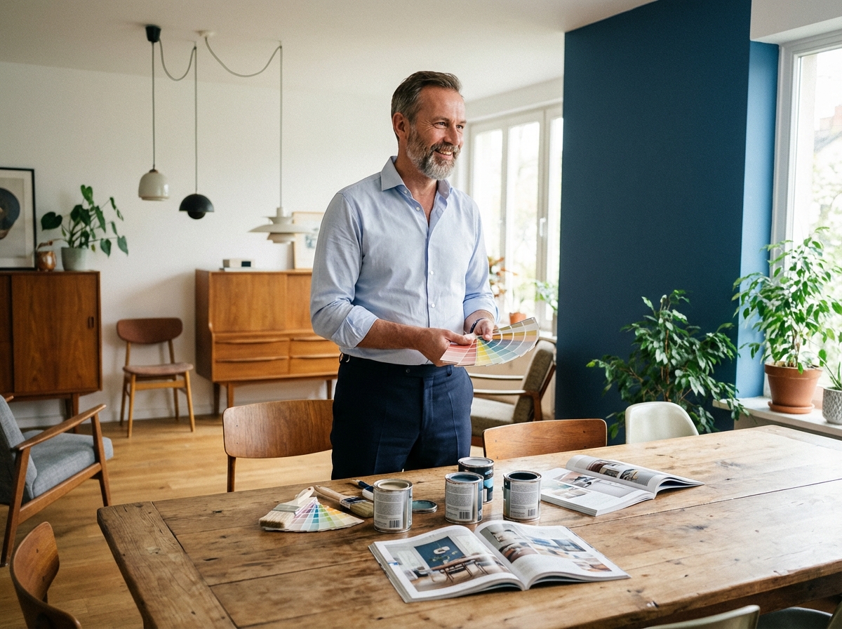 Homme choisissant des échantillons de peinture dans la salle à manger