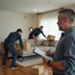 Homme en tenue casual observant des déménageurs dans un salon