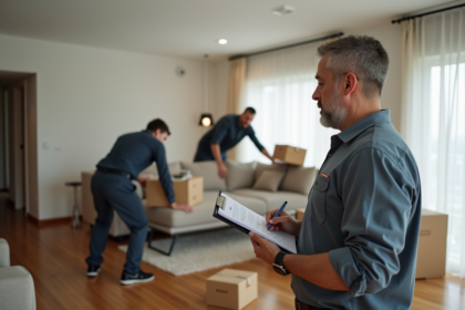Homme en tenue casual observant des déménageurs dans un salon