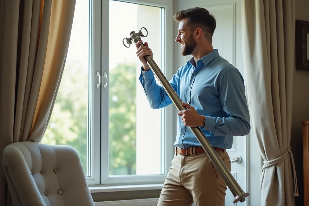 Jeune homme montre une tringle à rideau décorative avec finials