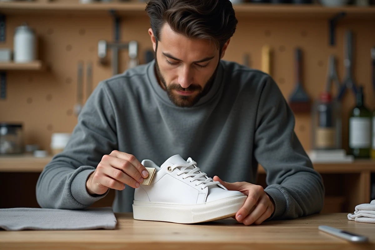 Homme nettoyant une basket blanche en nubuck avec une gomme spécialisée dans un atelier domestique