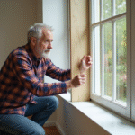Homme en plaid isolant une fenêtre dans un salon moderne