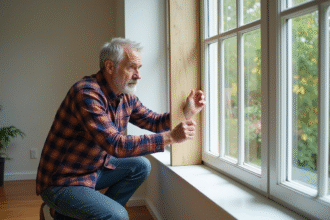 Homme en plaid isolant une fenêtre dans un salon moderne