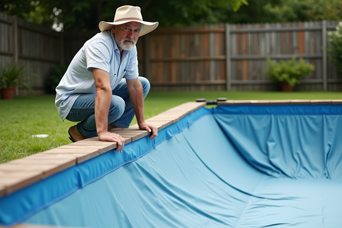 Homme d'âge moyen examine une piscine vide dans le jardin