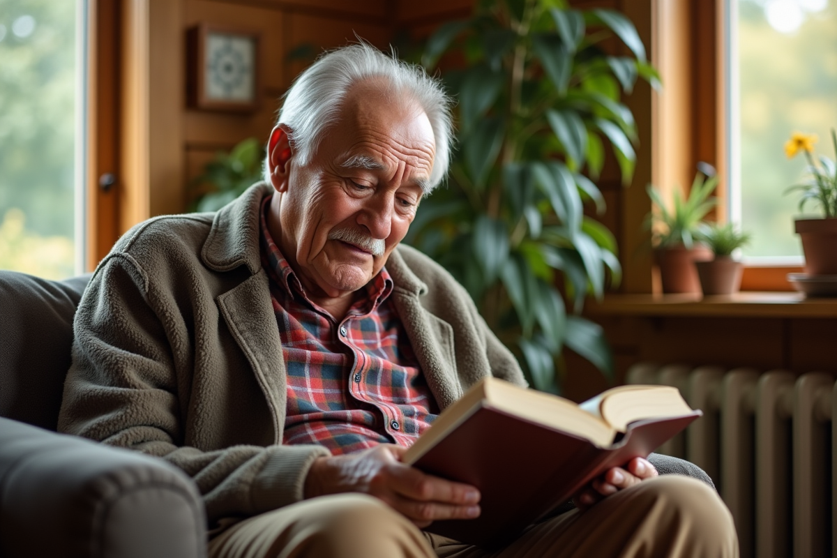 Homme âgé lisant dans un salon en bois naturel