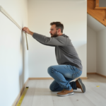 Homme mesurant un mur dans un sous-sol moderne et spacieux