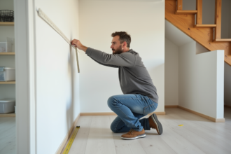 Homme mesurant un mur dans un sous-sol moderne et spacieux