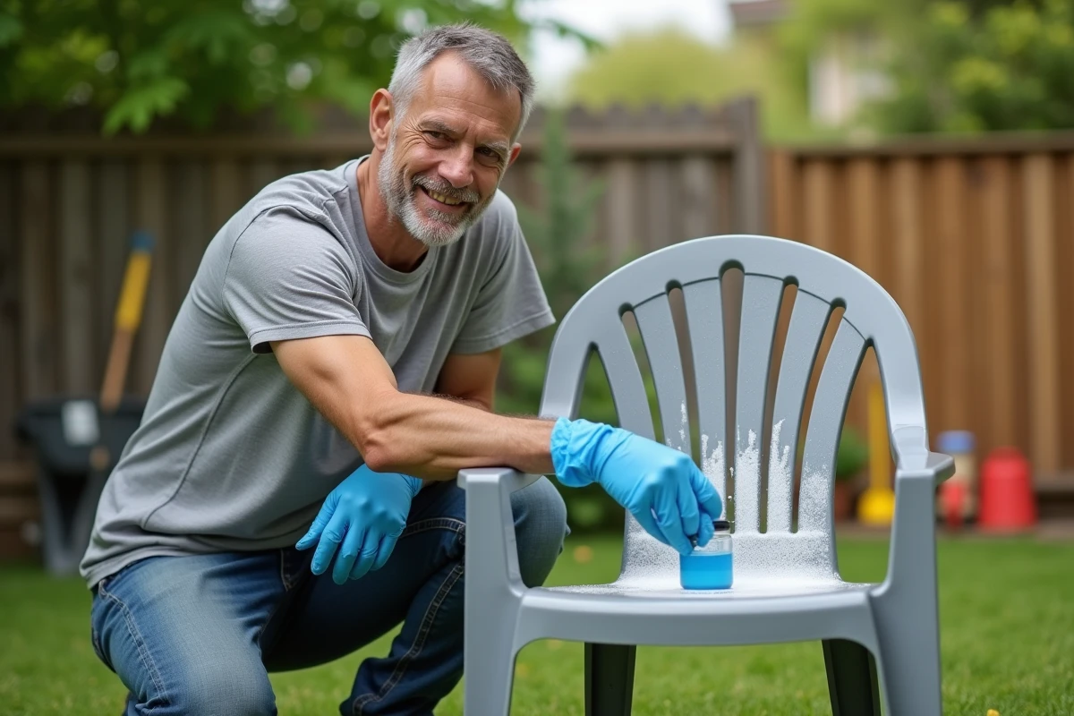 Homme appliquant un produit de blanchiment sur une chaise en plastique