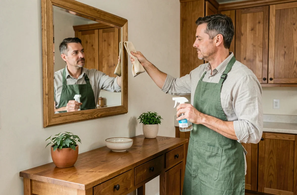 Homme en tablier nettoyant un miroir mural à l'aide de vinaigre blanc dans une cuisine rangée