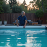 Homme en polo et shorts déployant une couverture thermique de piscine