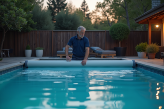 Homme en polo et shorts déployant une couverture thermique de piscine