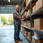 Homme souriant organisant des boîtes dans un garage propre