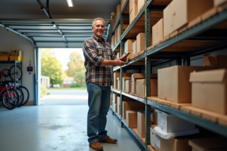 Homme souriant organisant des boîtes dans un garage propre