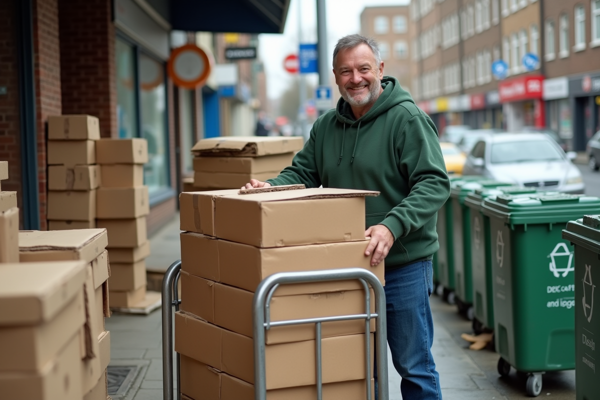 Homme chargé de cartons recyclés dans une zone urbaine