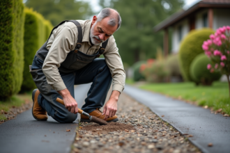 Homme en overalls examinant une voie extérieure