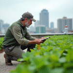 Homme d'âge moyen examine la végétation sur un toit urbain