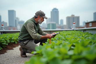 Homme d'âge moyen examine la végétation sur un toit urbain
