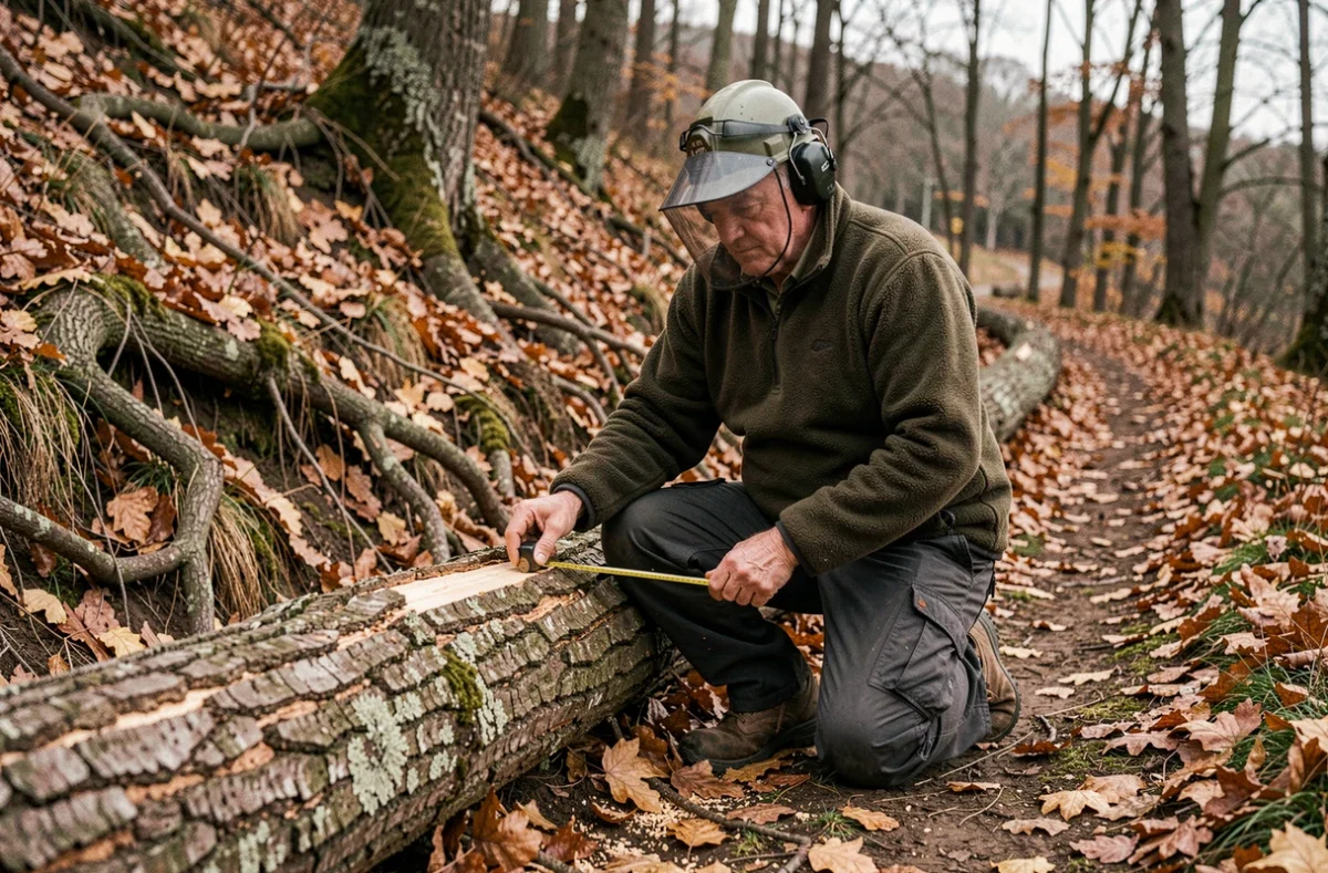 Un homme âgé en casque forestier mesure un tronc d'arbre tombé sur un chemin en sous-bois avant de le couper
