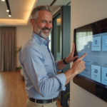 Homme d'âge moyen utilisant un panneau tactile dans un salon moderne