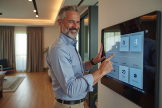 Homme d'âge moyen utilisant un panneau tactile dans un salon moderne