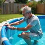 Homme vérifiant la qualité de l'eau de la piscine avec un kit