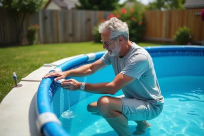 Homme vérifiant la qualité de l'eau de la piscine avec un kit