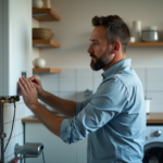 Homme vérifiant un chauffe-eau mural dans sa buanderie propre