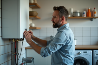 Homme vérifiant un chauffe-eau mural dans sa buanderie propre