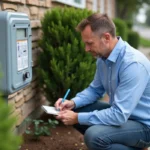 Homme vérifiant le compteur d'eau devant sa maison