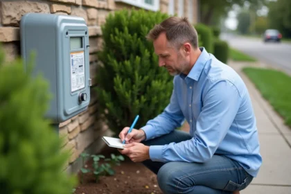 Homme vérifiant le compteur d'eau devant sa maison