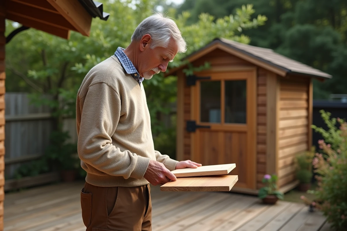 Homme âgé examinant deux planches en bois en extérieur