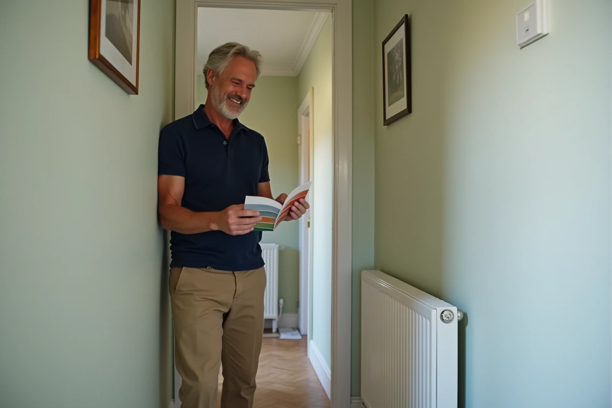 Homme inspectant un mur fraîchement peint dans un couloir