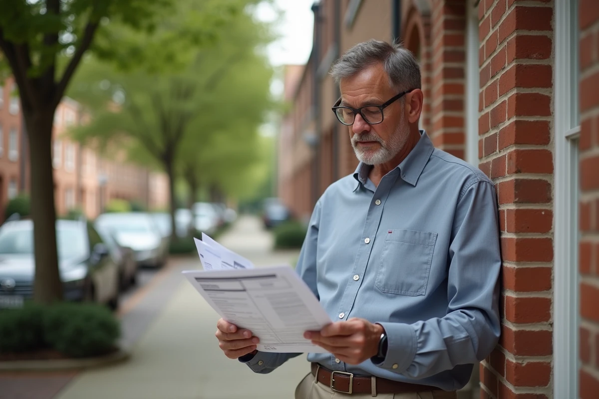Homme vérifiant devis de rénovation devant sa maison