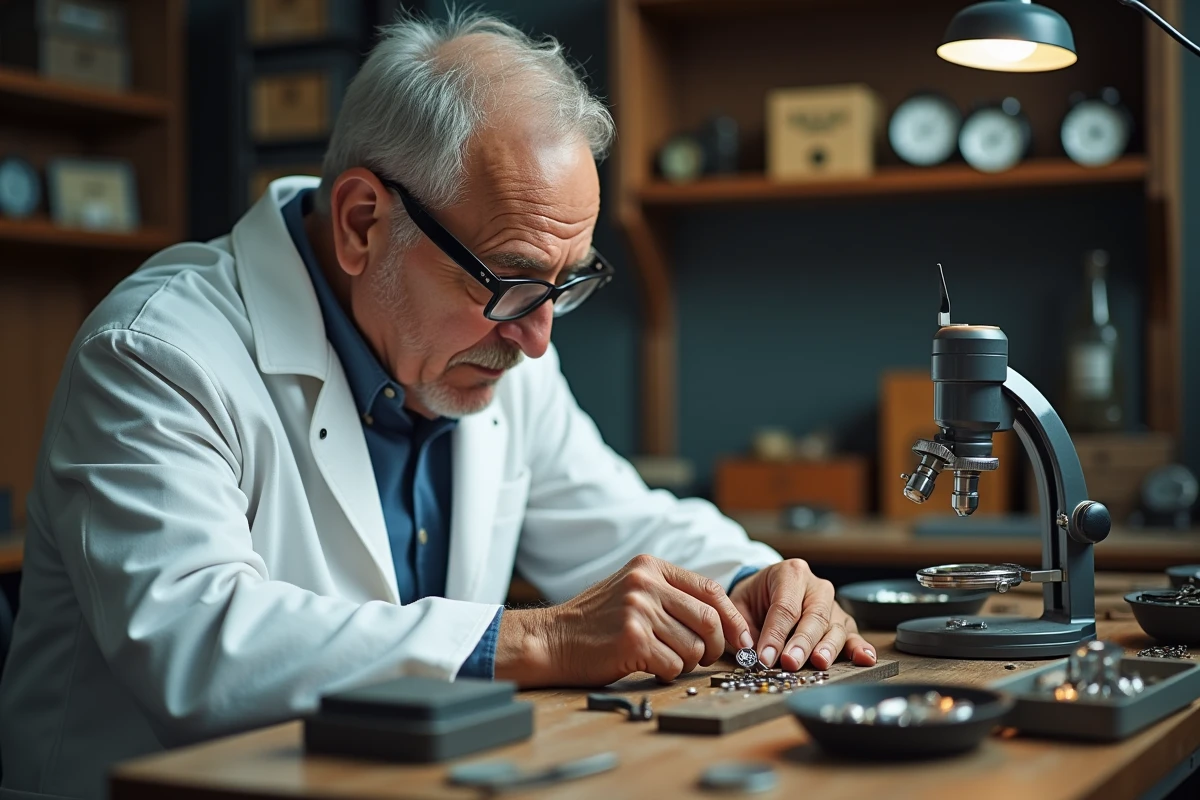 Horloger professionnel remplaçant la pile d'une montre dans un atelier de réparation horlogère avec outils de précision