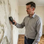 Inspecteur professionnel mesurant l'humidité d'un mur intérieur avec un hygromètre numérique dans un appartement