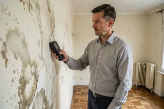 Inspecteur professionnel mesurant l'humidité d'un mur intérieur avec un hygromètre numérique dans un appartement
